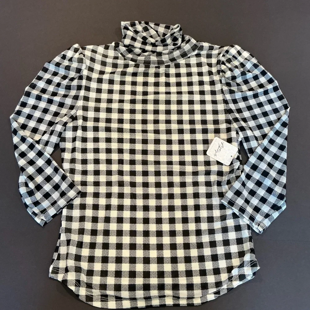 Free People Gather Turtleneck Top Black Combo Gingham Mesh Puff Sleeve M NWT - Picture 6 of 14